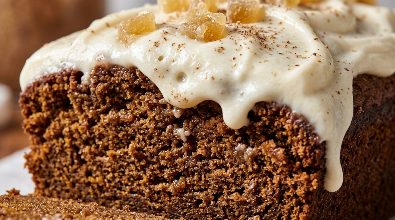 Ultra close-up macro food photography of spiced gingerbread loaf cake with thick cream cheese frosting and candied ginger