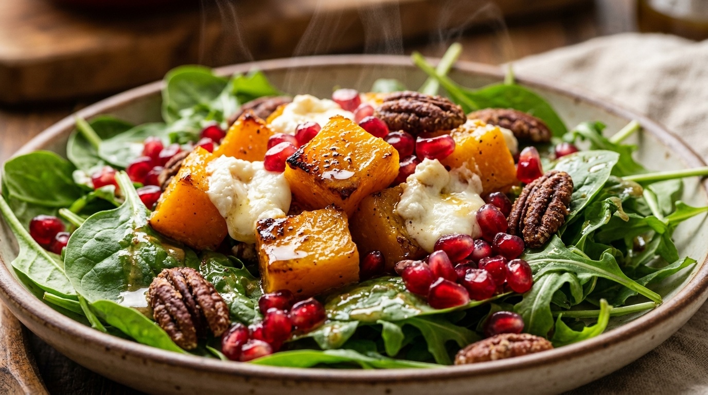 Ultra close-up macro food photography of warm roasted butternut squash and goat cheese salad with pomegranate arils and pecans